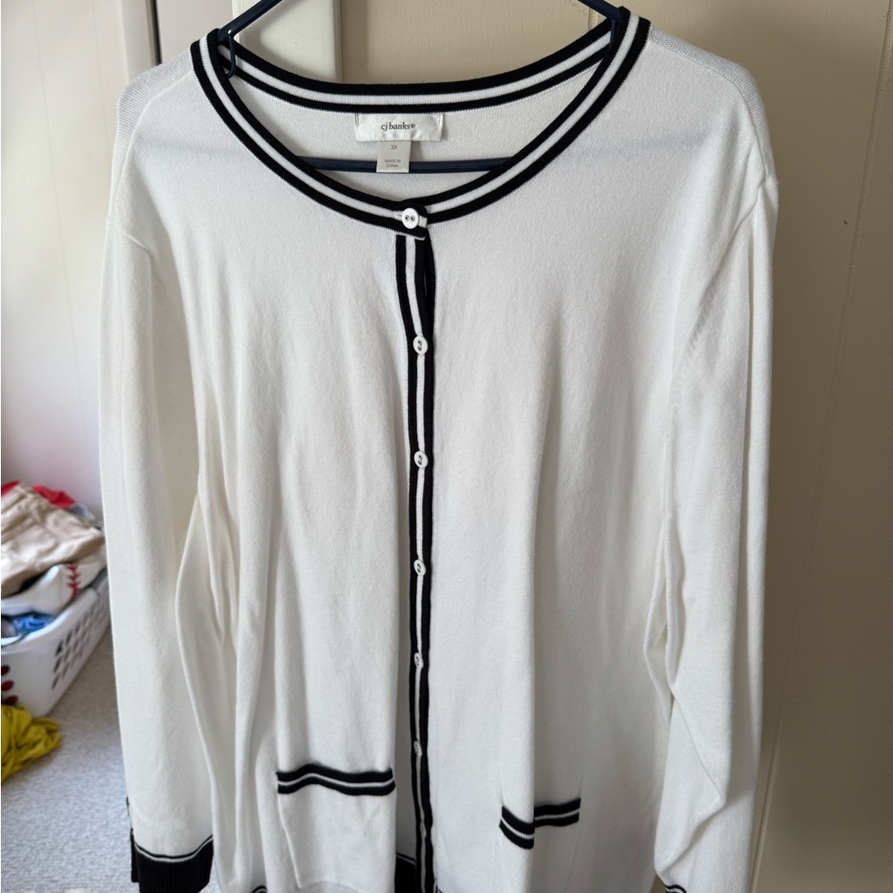 CJ Banks White Cardigan with Black Accents